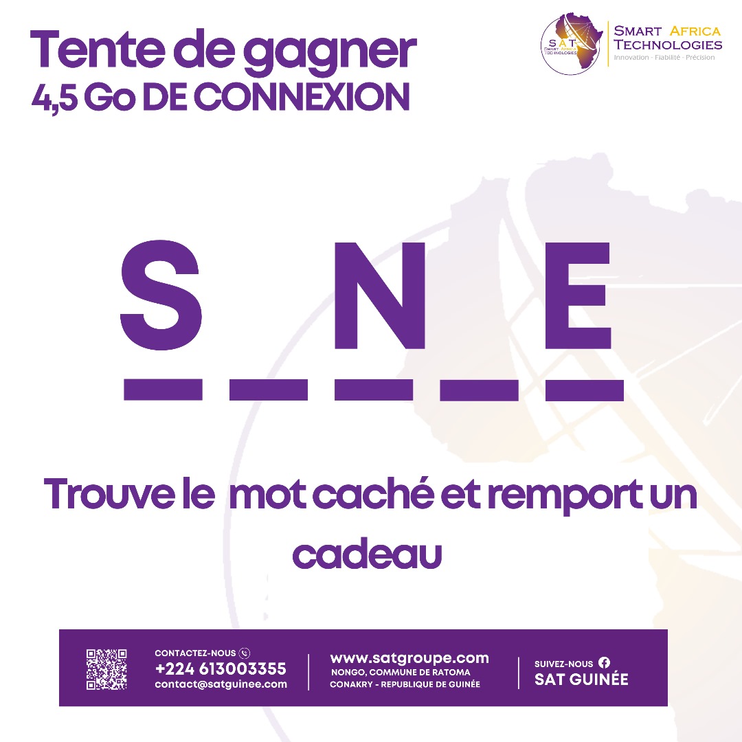 𝐆𝐀𝐆𝐍𝐄 𝐔𝐍 𝐅𝐎𝐑𝐅𝐀𝐈𝐓 𝐃𝐄 𝐂𝐎𝐍𝐍𝐄𝐗𝐈𝐎𝐍 𝐀𝐕𝐄𝐂 𝐒𝐀𝐓 𝐆𝐔𝐈𝐍𝐄𝐄 😁

Trouve le mot caché et gagne 4,5𝐆𝐨 de connexion identifie  5 ami.es pour jouer.

Le commentaire avec le plus de like gagne la partie ! 😉

Pour augmenter tes chances de