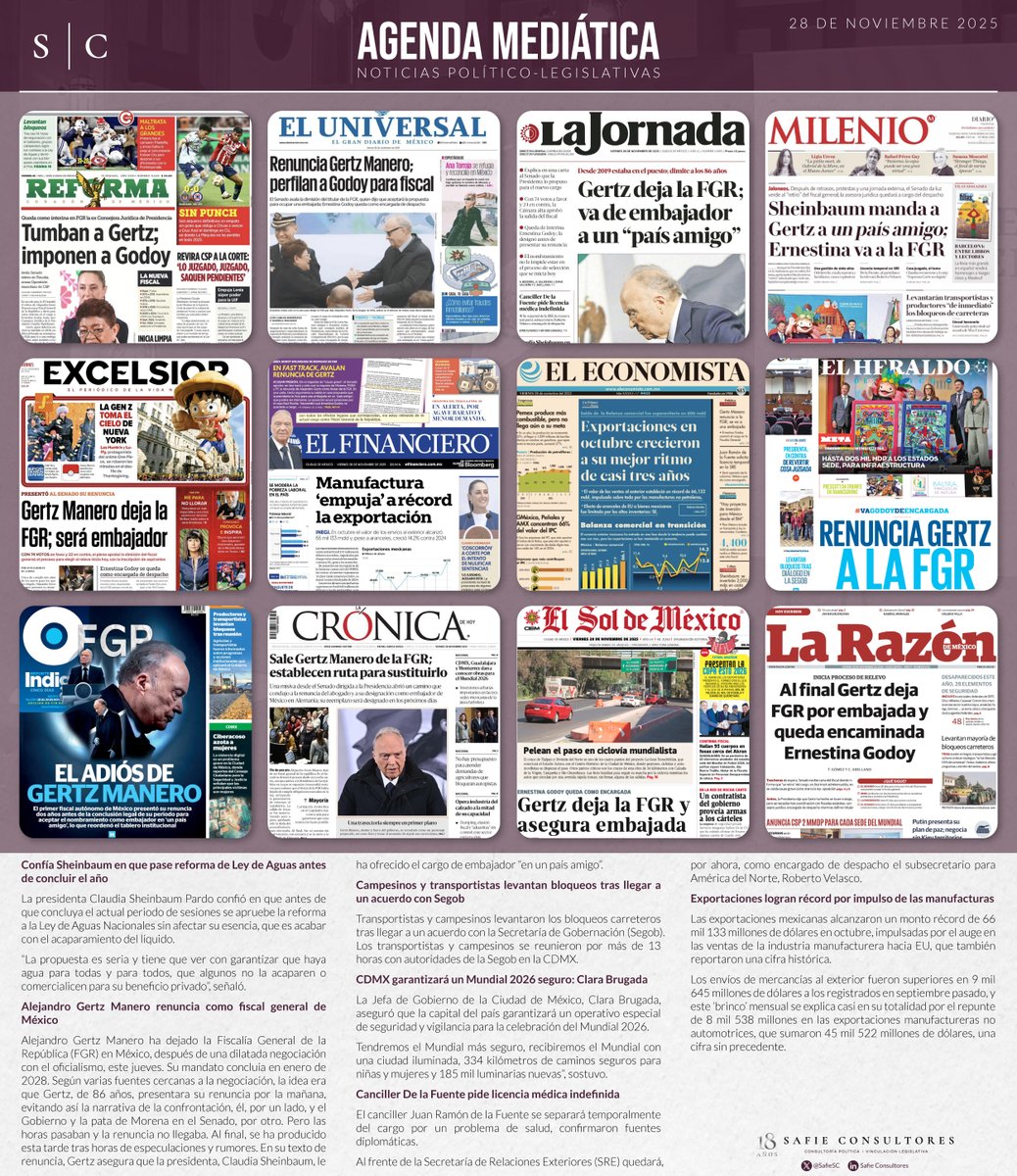 📰#SafieConsultores te presenta el análisis de la agenda mediática de hoy. Descubre las tendencias y temas clave que están marcando la conversación nacional. #PrimerasPlanas #politicanacional

💻 mailchi.mp/safieconsultor…