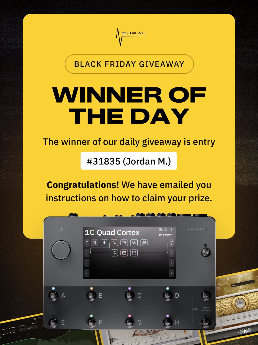 NeuralDSP's tweet image. Our Black Friday Giveaway winner for today is Jordan M. (entry 31835) - Congratulations! 🎉 

Check those emails! 📧👀

Get involved in the Black Friday Madness at: ndsp.co/bf25