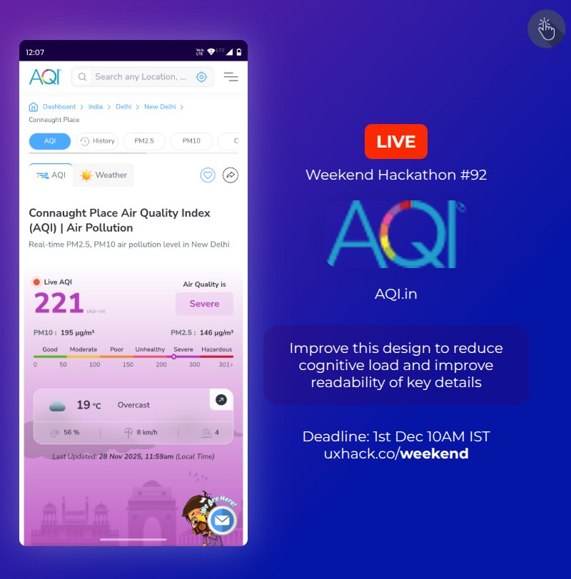 uxhack_co's tweet image. Weekend Hackathon #92 now LIVE

👉🏻 Product: AQI.in
⏰ Deadline: 1st Dec 10AM IST
🏆 Win prizes worth Rs 5K

More details at: l.uxhack.co/fzbujh

#hackathon #userexperience #productmanagement #design