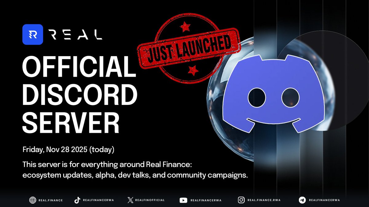 RealFinOfficial's tweet image. 🚀 It’s Launch Day: REAL’s Official Discord Is Live!

Hey Realists - we’re opening the doors today (Friday).
This is your new home for on-chain credit, RWAs, alpha, and community action.

👋 Welcome to the REAL Discord

You’ve just entered the Real hub - where real-world assets…