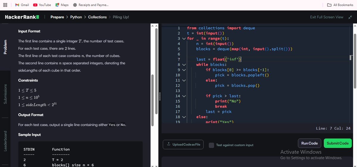 MRout75802's tweet image. Day 68/100 ✅
💡 Challenge: Piling Up! (Python Deque)
🔹 Used deque to pick cubes from both ends
🔹 Applied greedy logic to validate stacking order
🔹 Determined if vertical piling is possible or not
#Python #100DaysOfCode #HackerRank  #problemSolving #zigbee