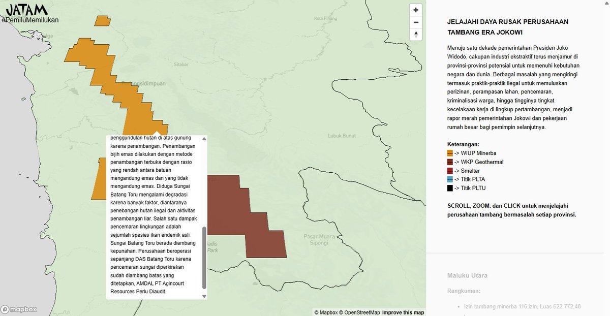 Jelang pilpres lalu <a href="/lemonialv/">leoni</a>  Jatam menghimpun Kerusakan hutang ekologis yg takkan pernah terbayarkan, salah satunya potret krisis di sumut soal kejahatan korporasi industri ekstraktiv tambang emas Agincourt-Martabe
Jelajah di link berikut  ⬇️⬇️
pemilu.jatam.org/krisis/