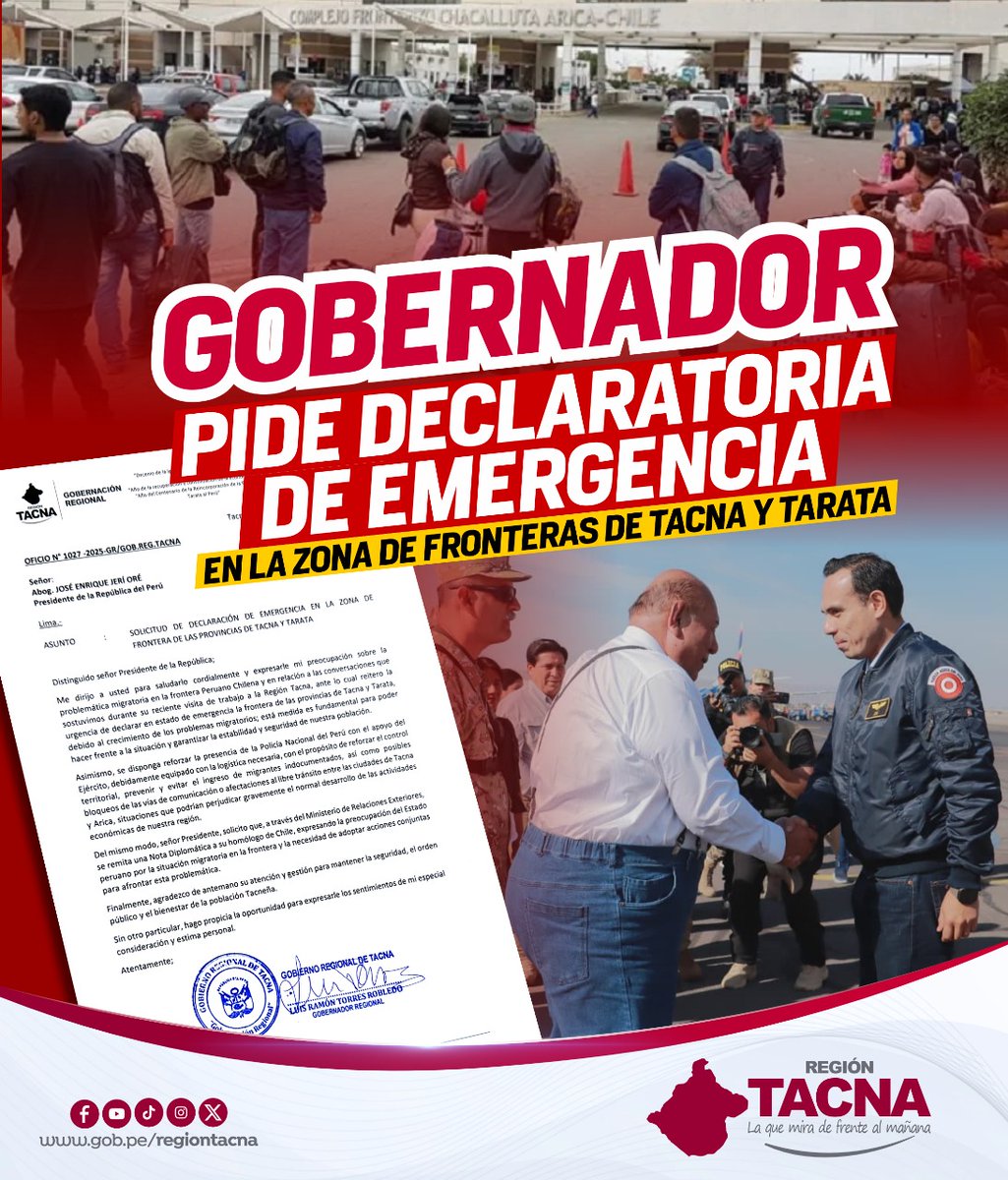 #DeclaratoriaDeEmergenciaTacna | A través del Oficio N.° 1027-2025-GR/GOB.REG.TACNA, con fecha 28 de noviembre, el Gobernador Regional de Tacna, Luis Torres, solicitó al Presidente de la República, <a href="/josejeriore/">José Jerí</a>, la declaratoria de emergencia en la frontera de Tacna y Tarata.