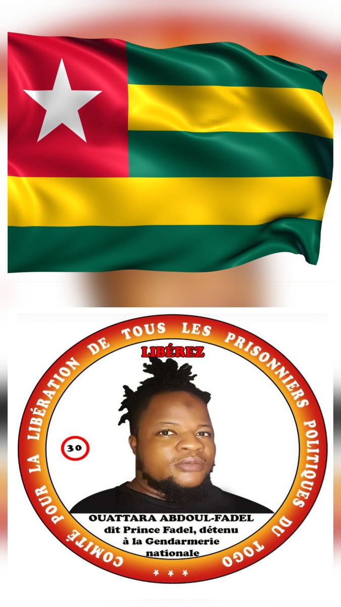 The flag/The face 
OUATTARA Abdoul-Fadel
Arrêté le 25 novembre 2019
#FreeTogo #Libérezlesprisonnierspolitiques