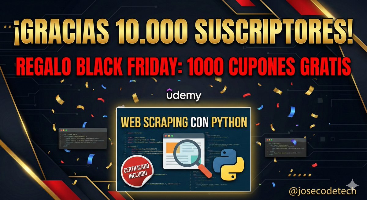 josecodetech's tweet image. 🎁 He liberado 1000 ACCESOS GRATUITOS a mi curso top de Web Scraping con Python en Udemy.
👇 Enlace para los 1000 primeros: 👇 udemy.com/course/web-scr…
Si aún no estás en YouTube, suscríbete y activa la campanita para no perderte los próximos tutoriales.
#ComunidadDev