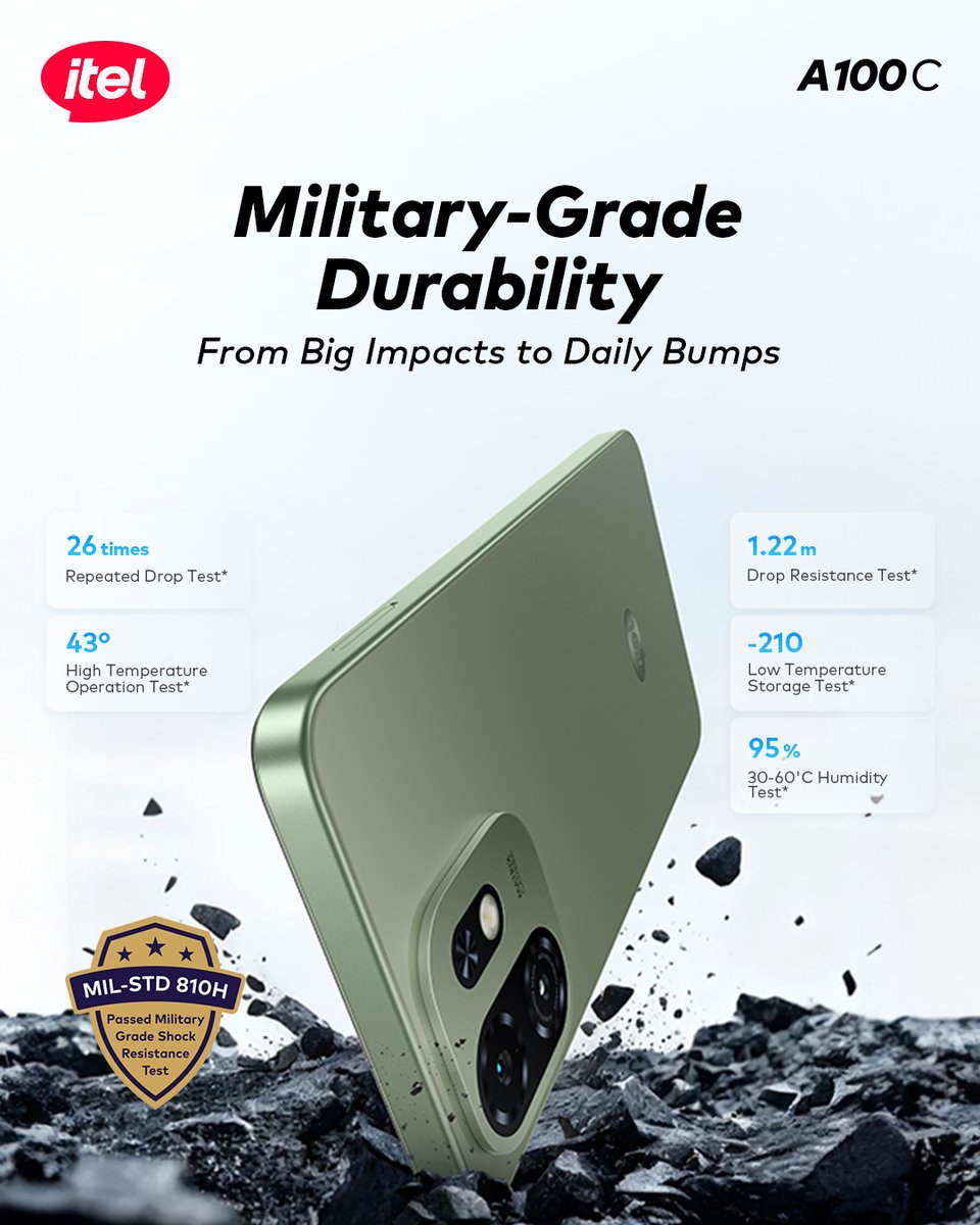 itelghana's tweet image. Weekend plans getting wild? No worries.

The A100C is built tough with military-grade durability—ready for every drop, bump, and adventure you throw at it.

#a100c
#AIForEveryone