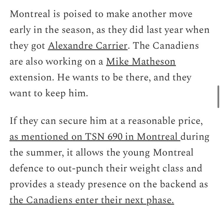As mentioned this summer on <a href="/TSN690/">TSN 690 Montreal</a> and then reiterated with <a href="/DcalabrettaTFP/">David</a> on <a href="/FullPressNHL/">Full Press Hockey</a> Matheson and Canadiens wanted to get something done &amp; it made sense for both parties. #gohabsgo

Read: 
fullpressmedia.substack.com/p/nhl-rumors-c…

Read; 
yardbarker.com/nhl/articles/w… <a href="/M_Norton21/">Matt Norton</a>