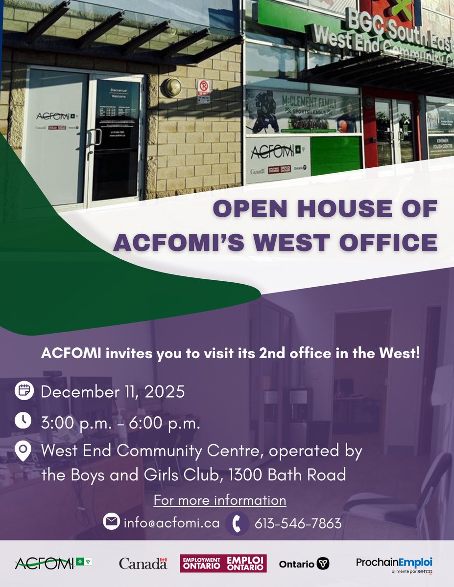 Have you visited ACFOMI’s new office at the West Community Centre (1300 Bath Road)? 

Our employment counsellors are ready to support you in your job search!

This location complements our main office at 760 Highway 15. Come visit us today!