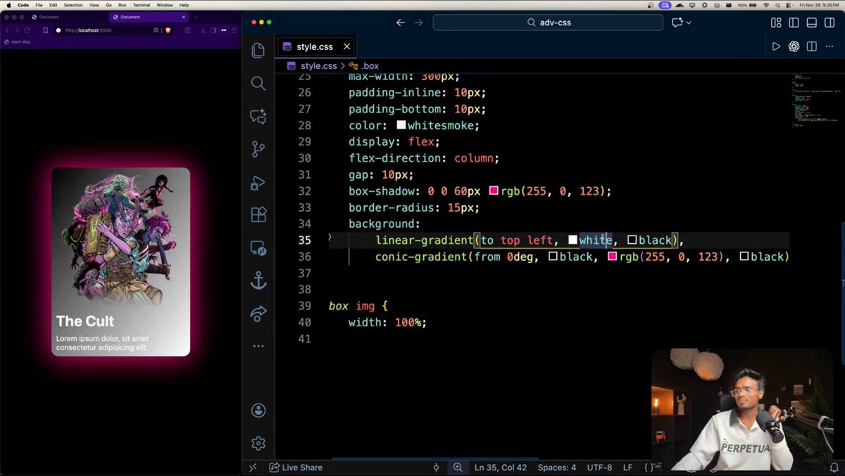 KarthikJNair19's tweet image. 🤩 Learned some cool stuff today at @sheryians_ 

Dived deep into CSS keyframes + @property, and built a tiny project using both.

💫 Crazy how smooth animations can be with just CSS.

#HTML #CSS #cssfundamentals #CodingJourney #LearningJourney