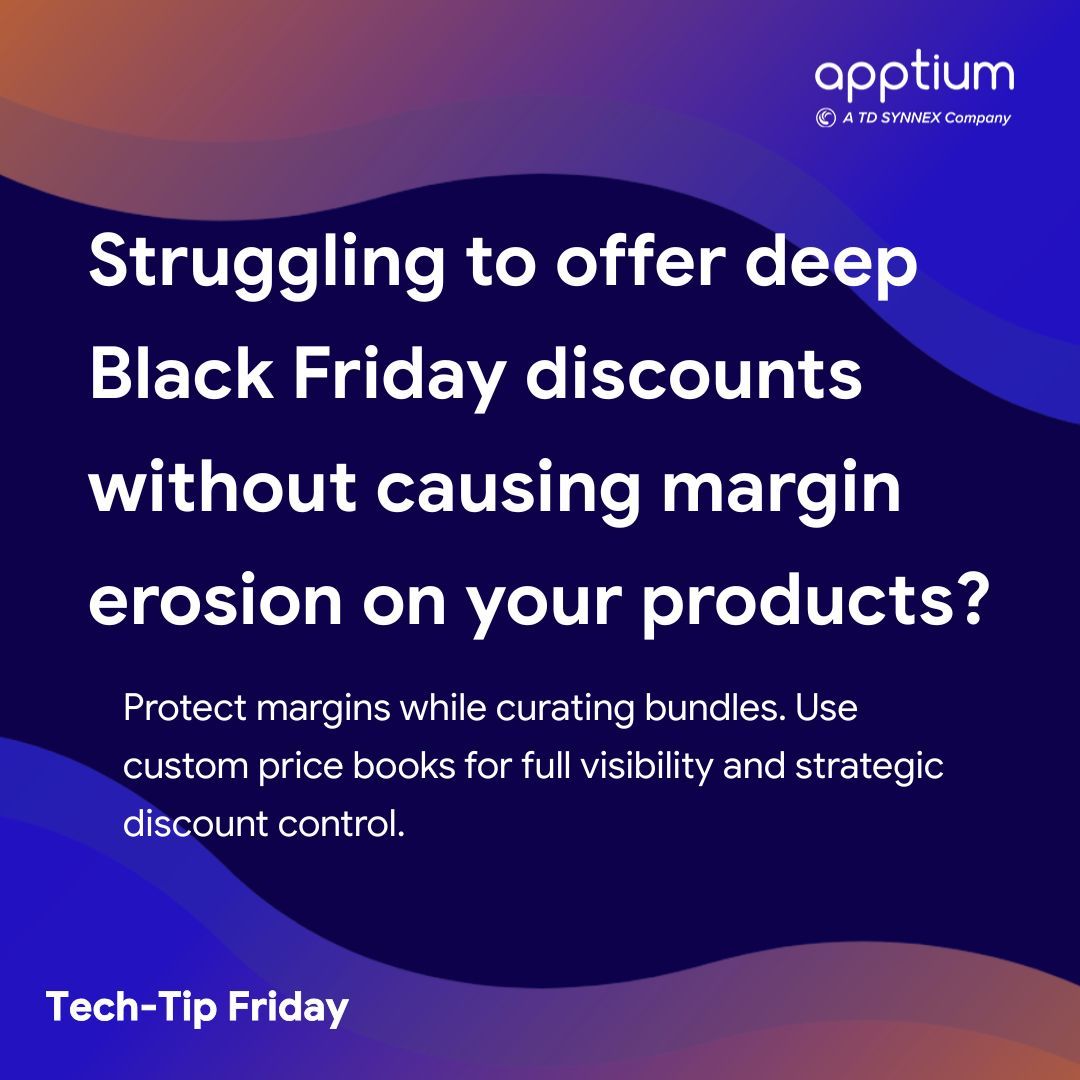 ApptiumTech's tweet image. Deep discounts shouldn&apos;t mean deep losses. 

Leverage custom price books to curate bundles that protect your bottom line while offering competitive Black Friday deals.

Control the discount. Keep the profit.

Learn more at buff.ly/9ie96YP 

#B2BTech #Sales #CloudSales