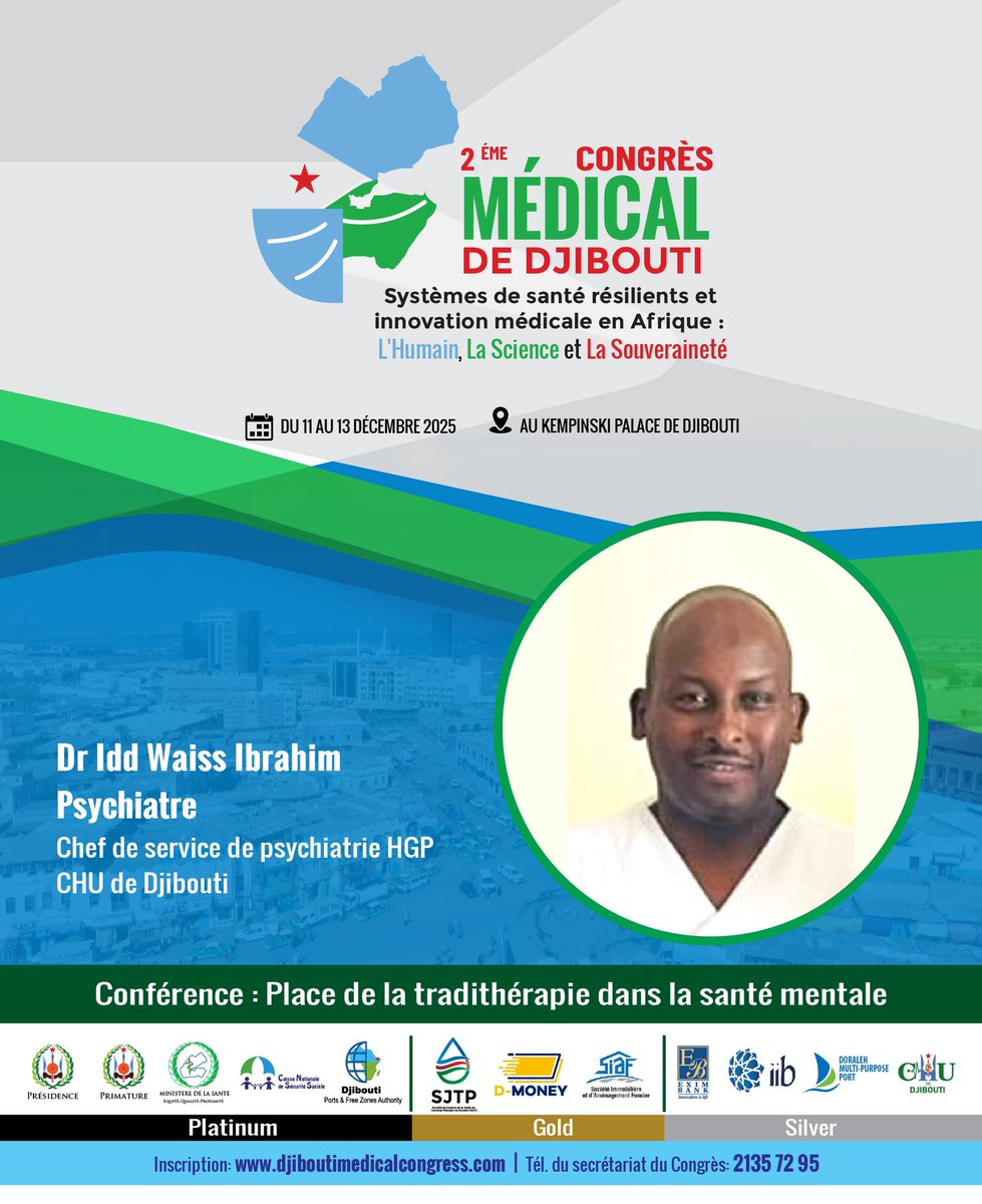 ONPMD's tweet image. #CongrèsMédicalDjibouti2025

Comment la tradithérapie peut-elle enrichir nos approches de la santé mentale ?
Dr Idd Waiss Ibrahim, Psychiatre de l’HGP, apportera un éclairage sur cette question essentielle.

Conférence : « Place de la tradithérapie dans la santé mentale ».