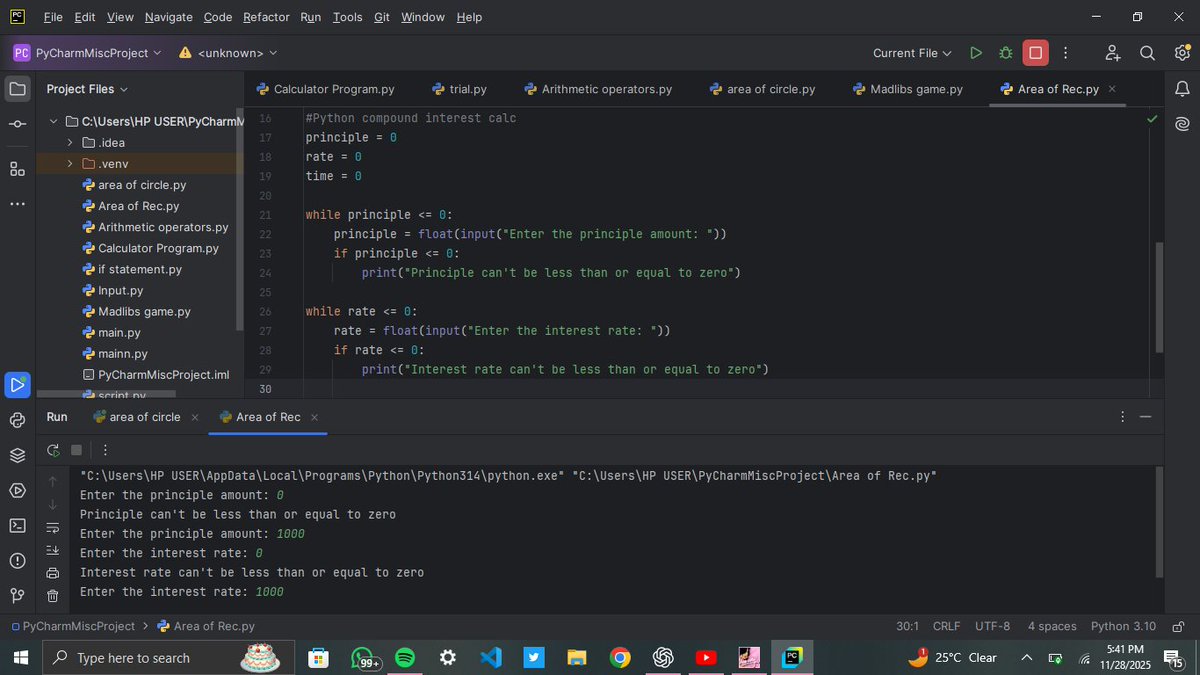 Kdj_abkr's tweet image. Day 20/100 of #100DaysOfCode 🌸
Today i&apos;m working on a really simple python calculator that calculates compound interest using the While loop.