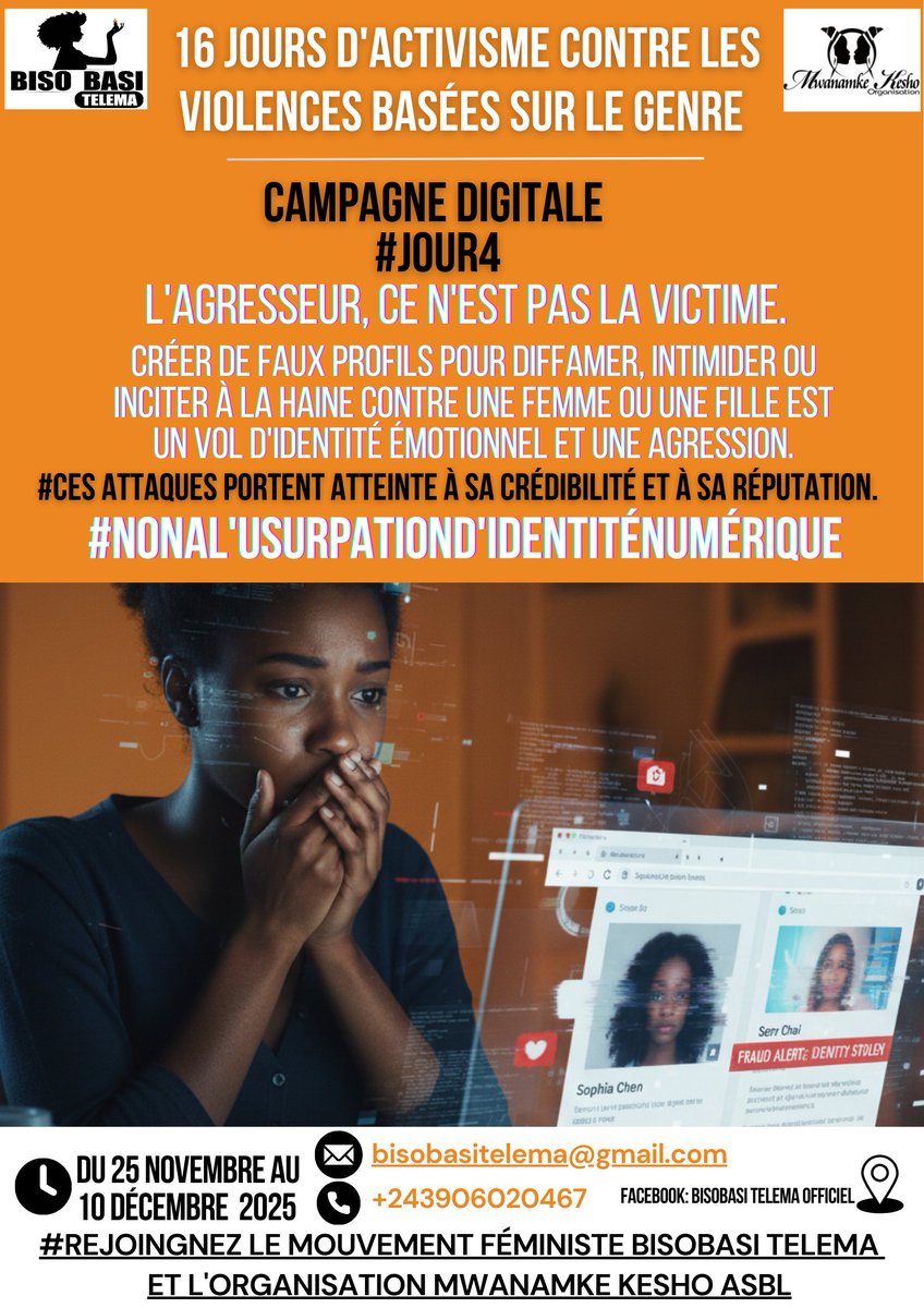 #16JoursD'activisme
#Jour4
#Impact: Dommage à la réputation irréversible, perte des relations personnelles et professionnelles.
#NonAL'Usurpationd'IdentitéNumérique 
#BisobasiTelema
<a href="/MONUSCO/">MONUSCO</a> 
<a href="/ONUFemmes/">ONU Femmes</a> 
<a href="/ONUFemmesRDC/">ONU Femmes RDC</a> 
<a href="/UNFPA/">UNFPA</a> 
<a href="/UNFPARDC/">UNFPA-RDC</a>