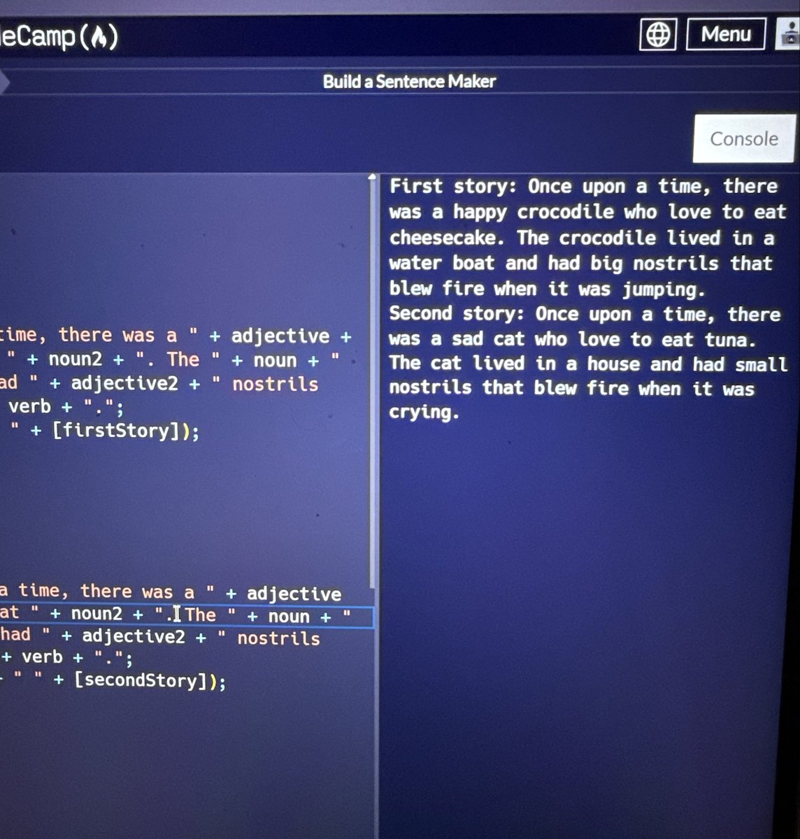 Ami_Dev's tweet image. Day 83: #100DaysOfCode
I completed the ‘Build a Sentence Maker’ lab 

Read theory on Working with Data types. I learnt  about dynamic typing in JavaScript and how the ‘typeof’ operator works
 #freeCodeCamp #WebDevelopment