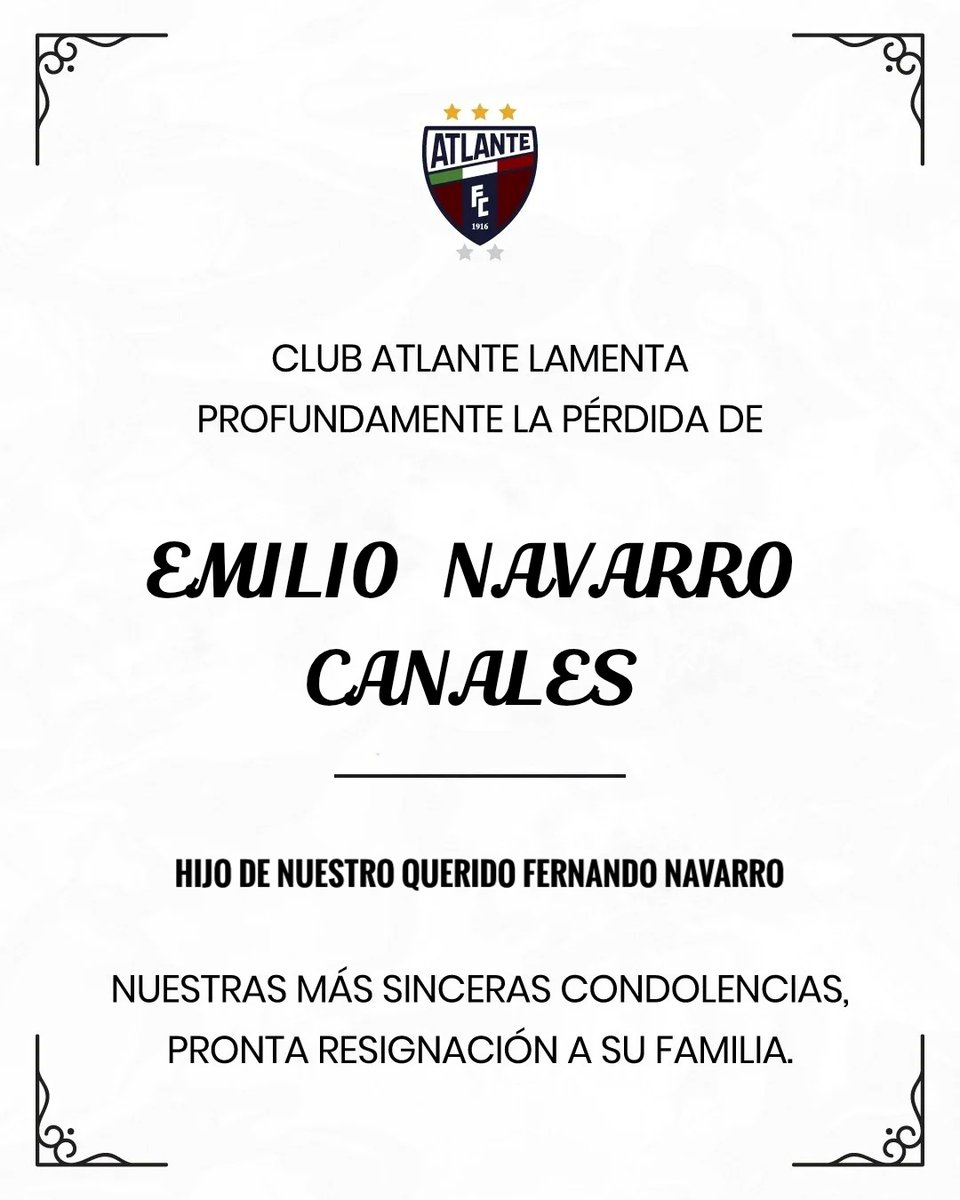 Atlante's tweet photo. El Club Atlante lamenta el sensible fallecimiento de Emilio Navarro Canales, hijo de nuestro querido Fernando Navarro. Nuestro más sincero pésame a su familia y amigos.

QEPD

#SerAtlante
#SerDeHierro https://t.co/h378H1msiJ