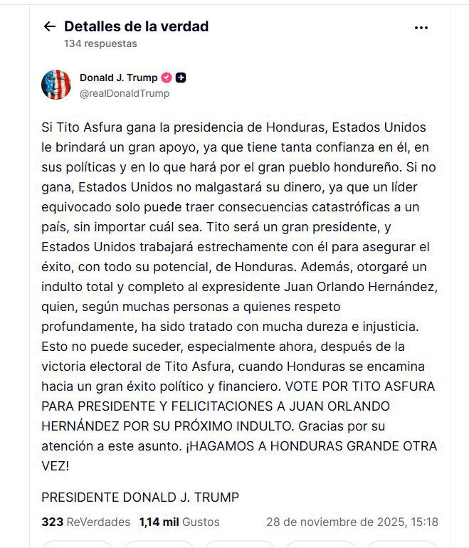 🇭🇳 | El Presidente Donald Trump promete amnistía y perdón al expresidente hondureño JOH, condenado por narcotráfico en EEUU, si su candidato preferido, Tito Asfura, quien va tercero en las encuestas, gana la elección en Honduras.

Mientras sean amigos, no importa si son narcos.