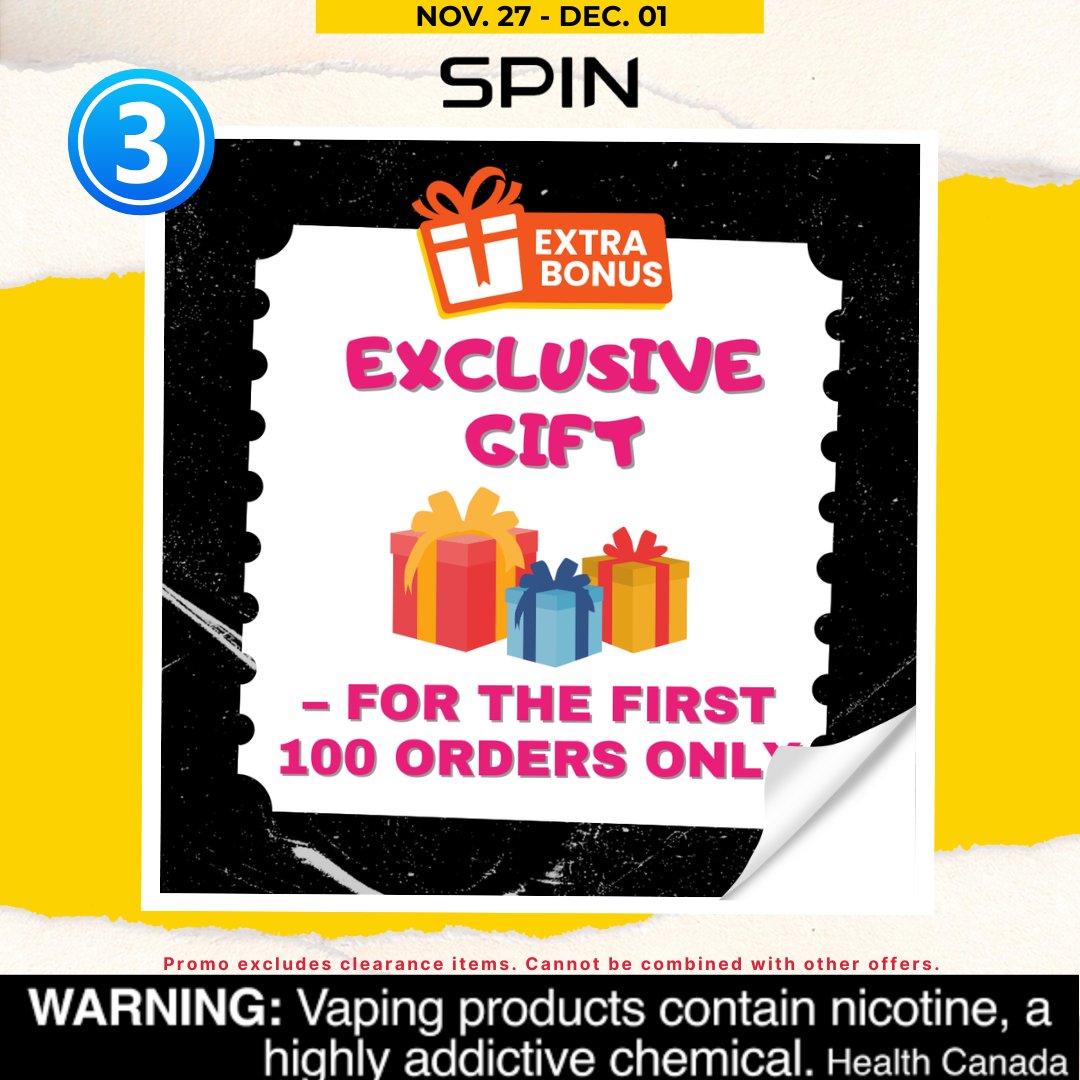 🚨 Black Friday continues.
🔥 20% OFF everything
🎁 Spend $100+ → FREE Surprise Vape
🎀 Bonus gift (first 100 orders)
⏳ Ends Dec 1 · No code needed
spinvape.ca

#SpinVape #VapeDeals #BlackFriday #VapeCanada #DisposableVape