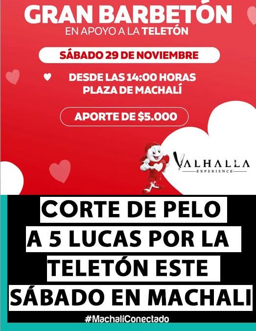 Este sábado 29 de noviembre en la Plaza de Machali desde las 14:00hrs  se realizará la Barbetón para reunir fondos para la Teletón.
#machali #teletonmachali #machaliconectado