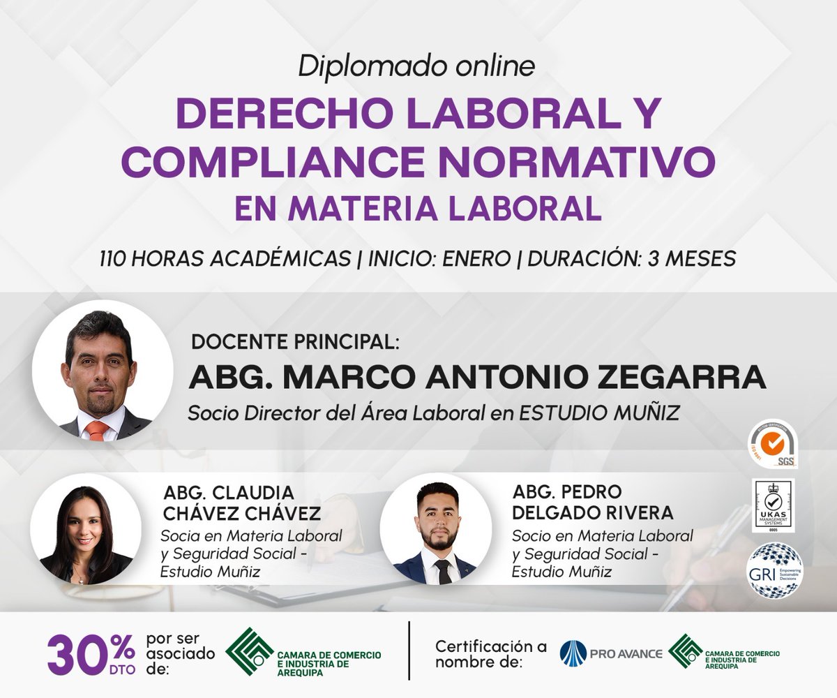 Domina el Derecho Laboral con los expertos que marcan la diferencia

📌 110 horas académicas | Duración: 3 meses:
💼 Docente Principal: Abg. Marco Antonio Zegarra

🎓 Certificación múltiple a nombre de Pro Avance y la Cámara de Comercio e Industria de Arequipa.