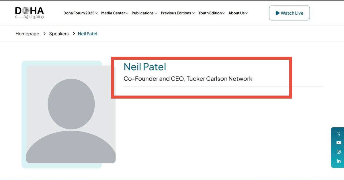 WellsJorda89710's tweet image. Tucker Qatarlson media director is traveling to Qatar to attend and speak at a Qatari government summit. Tucker Qatarlson works for the Qatari government.