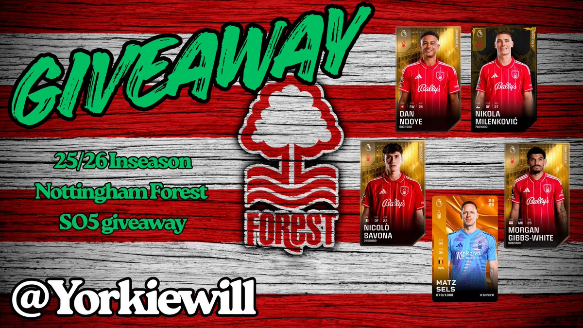 🚨Giveaway🚨

Inseason Nottingham Forest SO5 limited team😲

To Celebrate our trip to watch Forest on Sunday courtesy of <a href="/andrewmlaird/">Andrew M. Laird</a>, the Social Club &amp; @sorare i thought i would give something back.

To Enter

1⃣Follow <a href="/yorkiewill/">yorkiewill</a>
2⃣Like &amp; repost this tweet
3⃣Comment the score