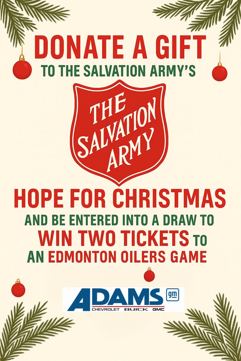 🎄 We’re filling a truck for the Wetaskiwin Salvation Army’s Hope for Christmas Toy Drive!
Drop off a new, unwrapped toy at Adams Chevrolet and help local families this holiday season. ❤️

🏒 Donate a toy = You’re entered to WIN 2 Edmonton Oilers tickets 
#Christmas#wetaskiwin