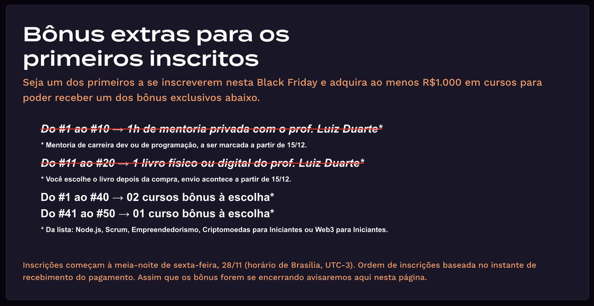 luiztools's tweet image. Acabaram os brindes de mentorias e livros, agora temos brindes de cursos apenas (21-40 com 2 cursos e 41-50 com apenas 1) para compras acima de R$1 mil. Vamos fazer a apuração da ordem dos primeiros 20 inscritos e volto em breve para divulgar.