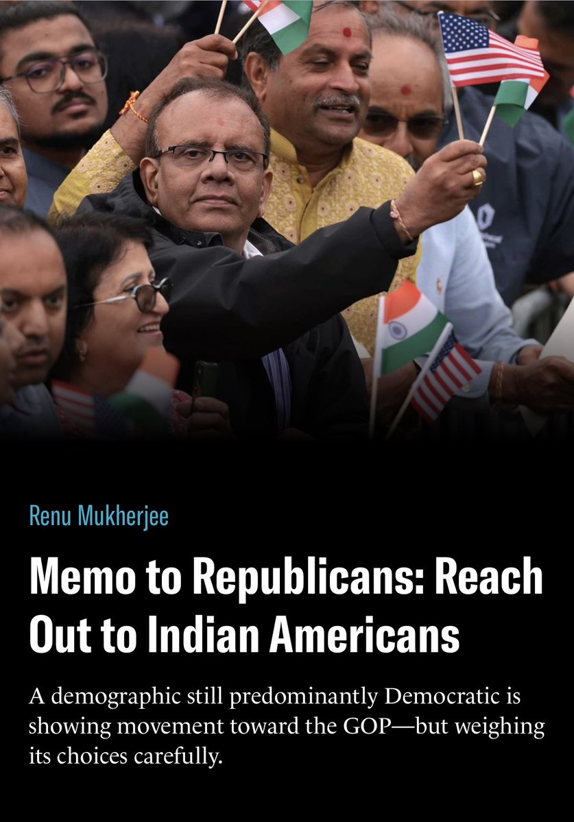 RenuMukherjee1's tweet image. Indian Americans have historically preferred the Democratic Party, but their belief in meritocracy, free markets, and the American Dream aligns them more closely with the GOP. So, stop alienating them.

New from me @CityJournal— Memo to Republicans: Reach Out to Indian Americans.