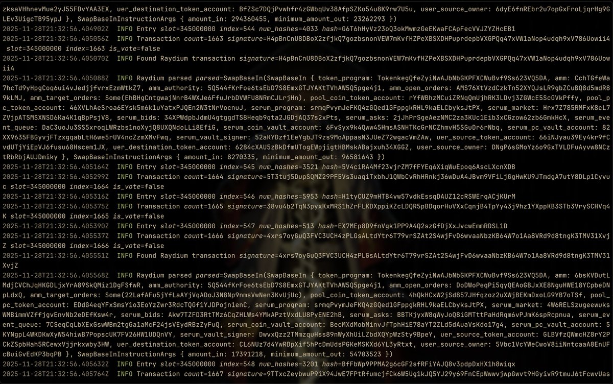 priyansh_ptl18's tweet image. Big breakthrough!!

Full transaction parsing

&amp;gt; @triton_one&apos;s Vixen pipelines
&amp;gt; @anza_xyz&apos;s Jetstreamer engine

Next: processing → Kafka → ClickHouse [WIP]

Building production-grade blockchain data infrastructure from the ground up.