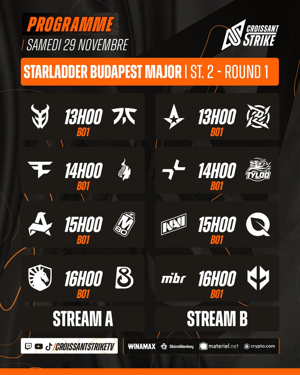 CroissantStrike's tweet image. 🗓️ LE STAGE 2 COMMENCE AUJOURD’HUI ! 🥳

Nos Français de 🇫🇷 @3DMAXGaming font leur entrée dans le Major !

⚠️ Attention : tous les matchs sont en BO1 ! Le round 2 se jouera juste après les matchs de 16h.