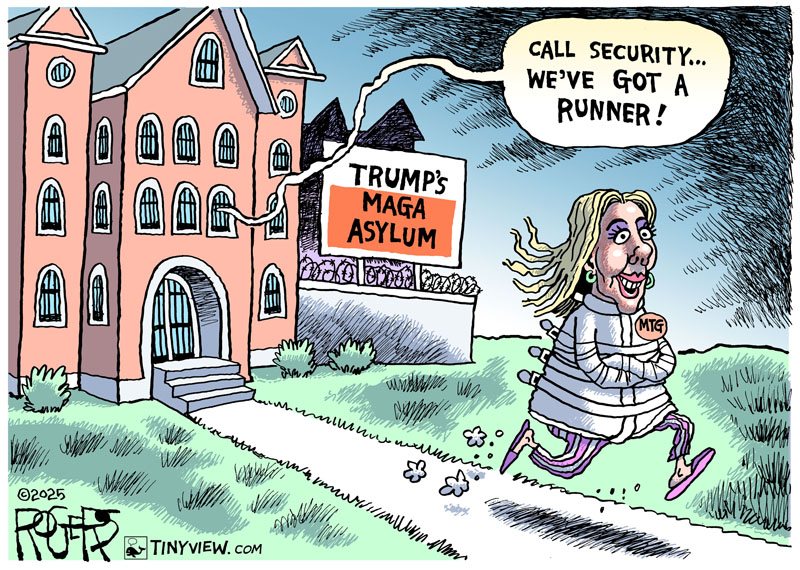 (Oops! Forgot to post last Tuesday's cartoon.) 

Marjorie Taylor Greene checks herself out.
 
#MTG #MarjorieTaylorGreene #MAGA #crazy #conspiracy #QAnon #Trump #GOP #Republicans <a href="/TinyviewComics/">Tinyview Comics</a>