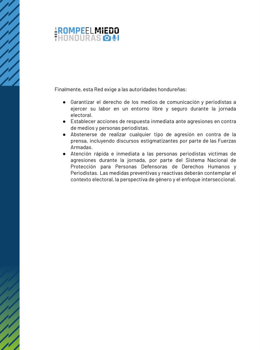RRMHonduras's tweet image. 🇭🇳🗳️ La Red Rompe El Miedo #Honduras se activará a partir de mañana y hasta el 1 de diciembre.

🔍 El objetivo es monitorear y documentar las agresiones en contra de la prensa durante las elecciones generales.

👇 Aquí los detalles: