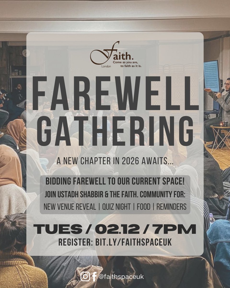 📢 After almost 6 years at our current space, we're bidding farewell! A new chapter awaits...

Join us at this special farewell gathering on Tuesday for:
- New venue reveal 👀
- Quiz night ✨ 
- Tasty food 🍟
- Reflections 🎤

Limited spaces! Sign up: bit.ly/faithspaceuk