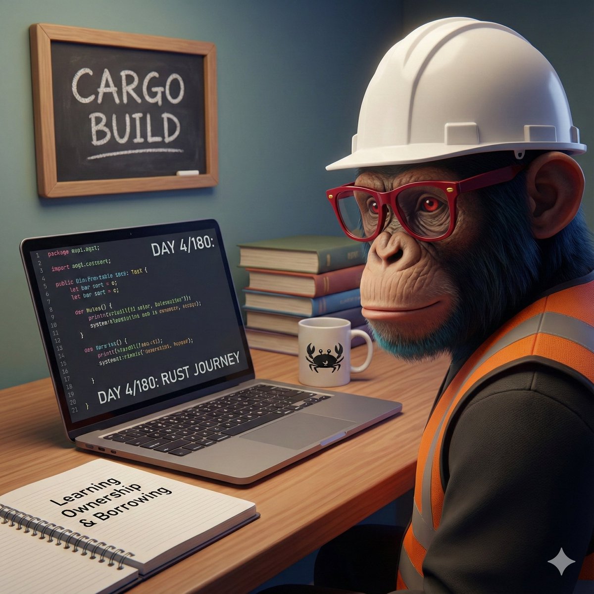 engineer_xage's tweet image. Day 4/180 of my Rust journey! 🦀
​Today&apos;s battle: Ownership and Borrowing. The borrow checker is a tough instructor, but I&apos;m getting the hang of it. Time to cargo build and see if it compiles! 😅
​#RustLang #LearningToCode #180DaysofCode