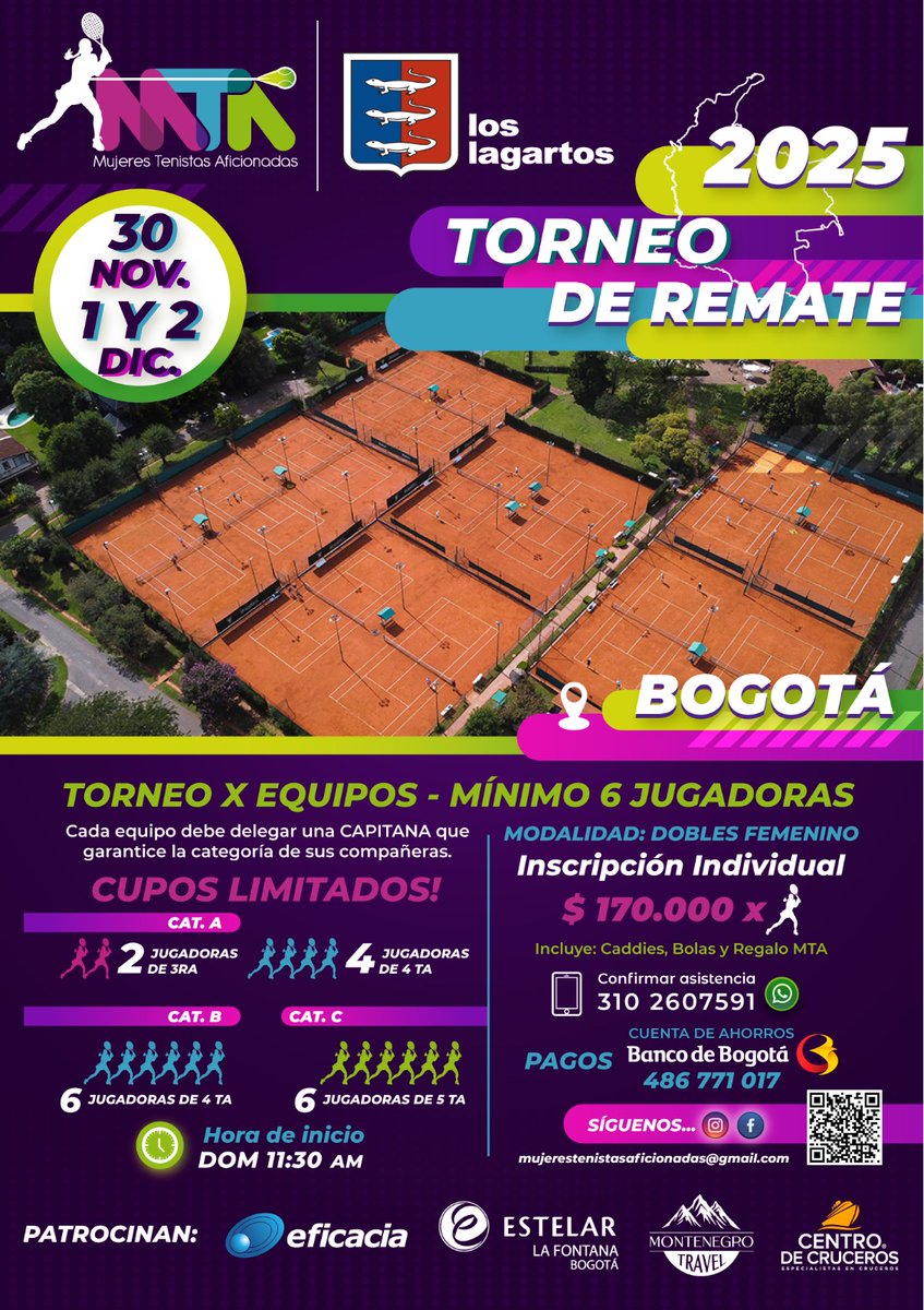 MaryMunozM's tweet photo. @Citytv  Entre el 30 de Noviembre y el 2 de Diciembre tendremos 290 tenistas aficionadas del país en el Club Los lagartos de Bogotá. Un espacio de unión, empoderamiento, apoyo y mucha energía en un torneo por equipos femenino! Los esperamos! https://t.co/FwtgeozmL4