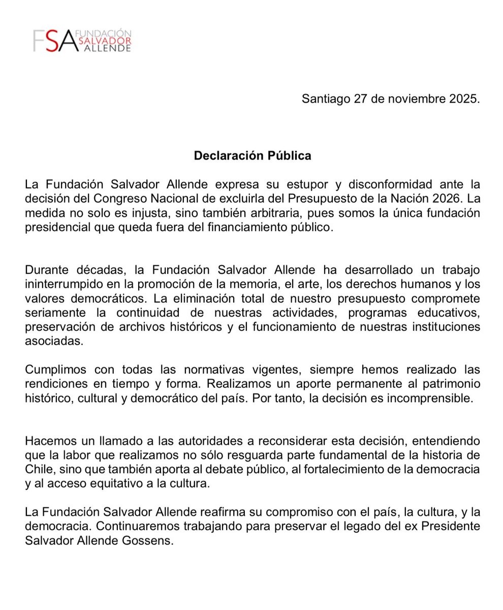 Expresamos nuestro apoyo a <a href="/FSAllende/">Fund. Salvador Allende</a> ante la inexplicable e inaceptable exclusión de su financiamiento por parte del Congreso chileno.
La Fundación ha desarrollado por décadas un trabajo ininterrumpido en la promoción de la memoria, el arte, los DDHH y los
valores democráticos.