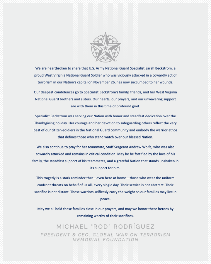 GWOTMF's tweet photo. A message from our President &amp; CEO on the tragic loss of Specialist Sarah Beckstrom and the ongoing recovery of Staff Sergeant Andrew Wolfe. https://t.co/Sj79NHpYa5