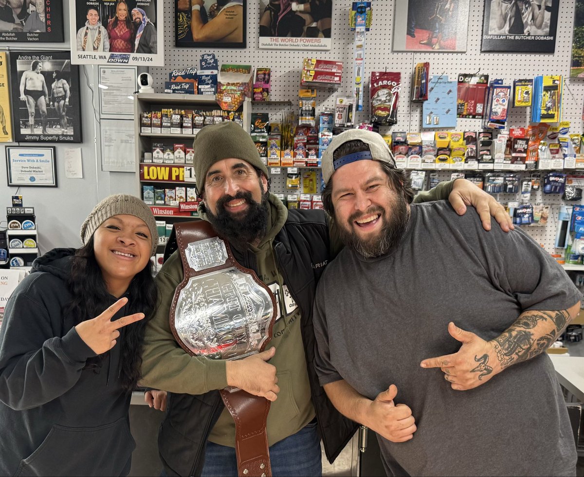 The Dirty Tribe the official band of Grit City Championship Wrestling . Came to visit the Champ at Dobashi Market! Happy Birthday C!