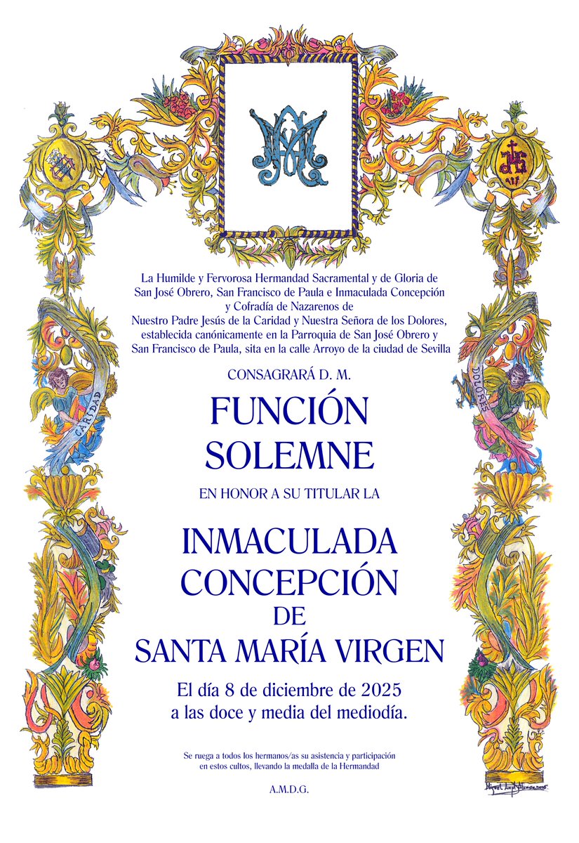 HermandadSJO's tweet photo. FUNCIÓN SOLEMNE EN HONOR A LA INMACULADA CONCEPCIÓN DE SANTA MARÍA VIRGEN

El próximo lunes a las 12:30h, tendrá lugar la Función Solemne en honor a la Inmaculada Concepción de Santa María Virgen.
Nos acompañará musicalmente en coro de la Hermandad @corohdadsjo. https://t.co/hBUt07WCVA