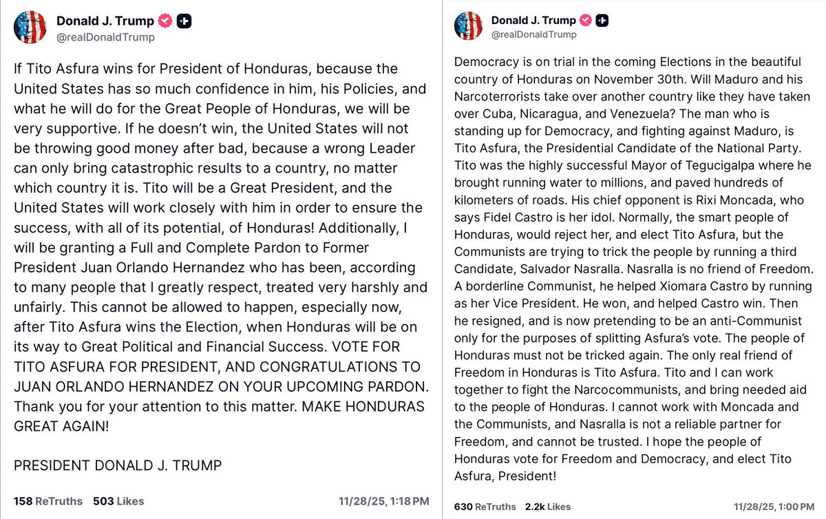 yashar's tweet image. President Trump is directly and publicly intervening in the elections of a foreign nation and has also promised to grant a pardon to former President of Honduras Juan Orlando Hernández, who is currently serving a 45-year sentence in US federal prison for, among other things,…