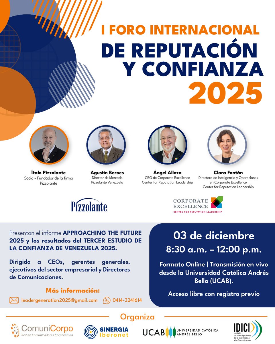 📣 El #3dic la UCAB será sede del I Foro Internacional de Reputación y Confianza 2025, en el que se presentarán estudios de tendencias que impactan el área y se conocerán acciones que las organizaciones venezolanas ejecutan. Regístrate para asistir:🔗goo.su/p9p708z
