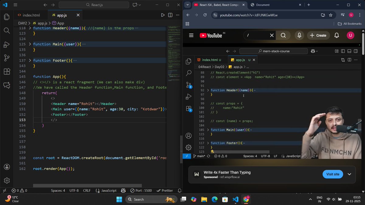 UtkarshVer28662's tweet image. DAY39: (of learning web dev with @rohit_negi9 sir)
Lecture 2 of react done.
React JSX, babel, react components and props done.

#coderarmy #100DaysOfCode