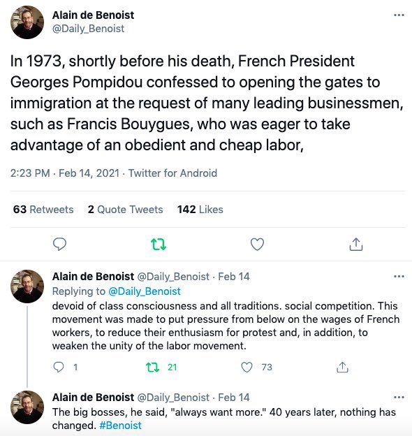 zarathustra5150's tweet image. Many contards mistakenly think mass immigration is a left-wing project. In reality, it has always been driven just as much, and often far more, by the conservative “business lobby”. 

In their myopic pursuit of short-term profits, blind to every long-term cost, the…