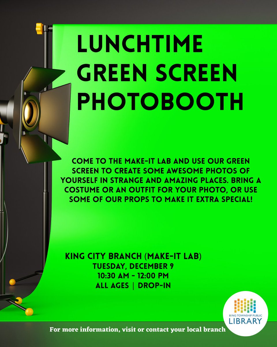 KingLibraries's tweet image. Wanna be a superhero? 🦸‍♀️A space explorer?👩‍🚀 A dinosaur trainer? 🦖

Come check out our Green Screen in the Make-It Lab! Dress up or grab our props and create the most extra photos ever. 📸

#MakeItLab #KingLibraries #GreenScreen