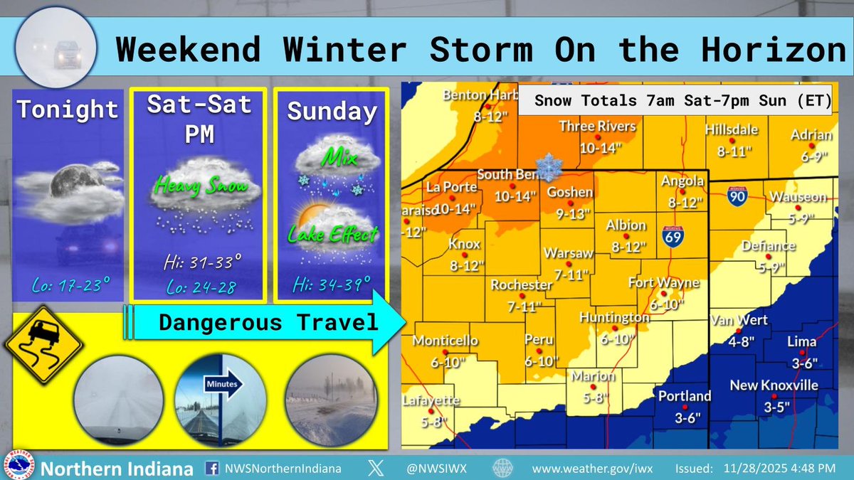 Winter storm warnings for IN, SW lower MI, and much of NW OH (Allen Co, OH is Advisory) Sat-Sun. Travel will be dangerous w/snow covered roads (falling, blowing, drifting snow), and low visibility that may rapidly fluctuate once lake effect begins: visit weather.gov/iwx