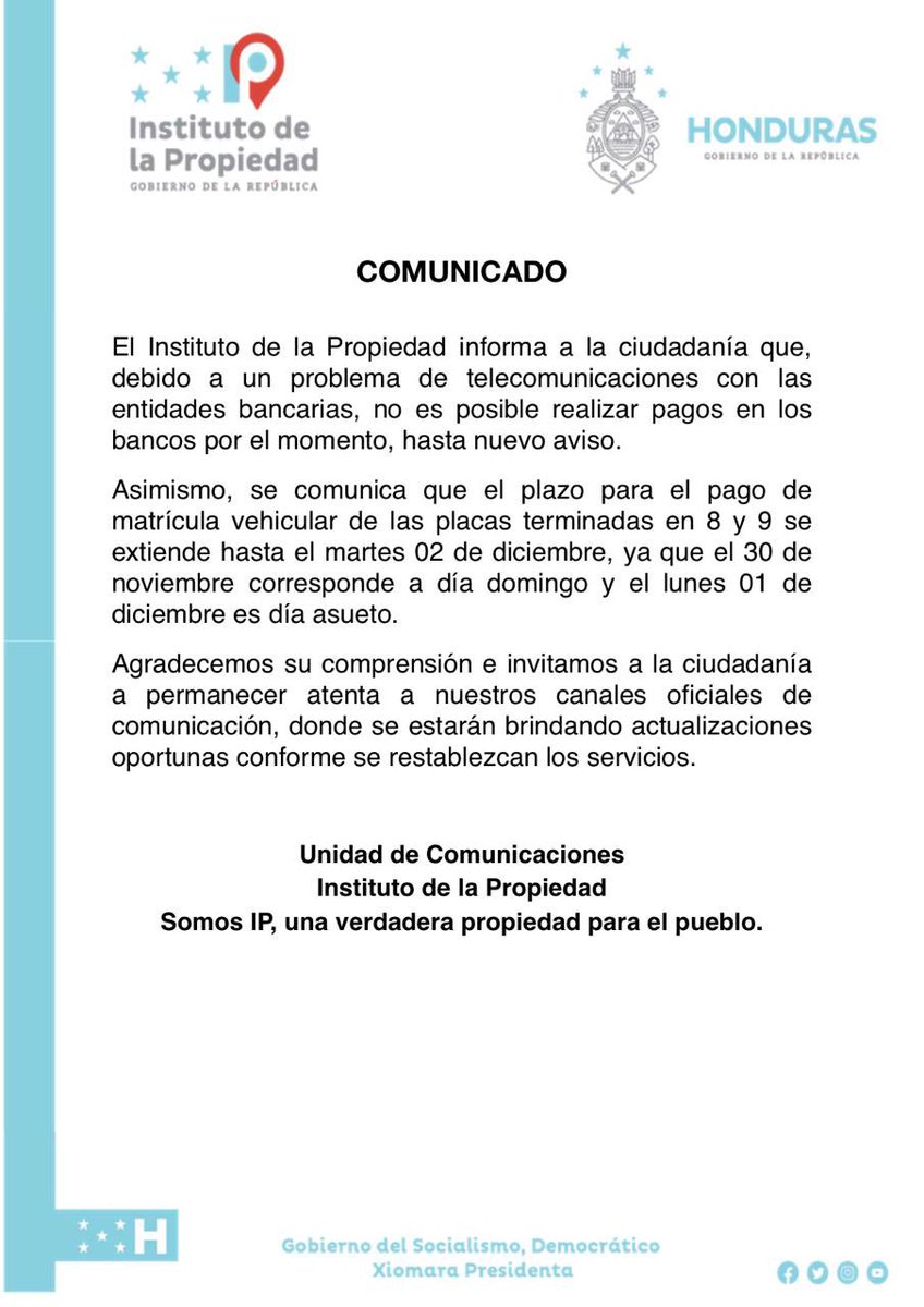 📢 AVISO IMPORTANTE A LA CIUDADANÍA

Informamos que el plazo de pago para placas terminadas en 8 y 9 se extiende hasta el martes 02 de diciembre, debido a que el 30 cae domingo y el lunes es asueto. 🗓️✅

#institutodelapropiedad #avisoimportante