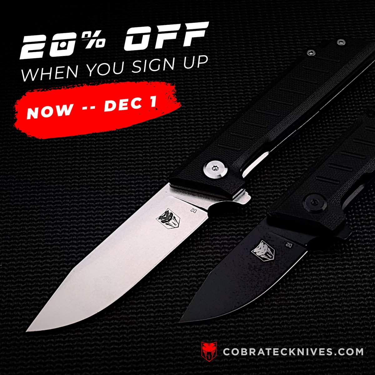 CobraTecKnives's tweet image. It&apos;s time to treat yourself! New to our store? Subscribe to our newsletter and snag 20% off your first order. This special deal is only available through Cyber Monday!

#BlackFriday2025 #edc #knives #otfKnives cobratecknives.com/?utm_content=s…