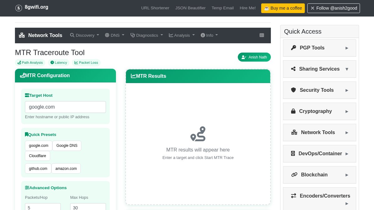 anish2good's tweet image. Analyze network paths efficiently with the MTR Traceroute Tool. Measure latency and packet loss to diagnose routing issues seamlessly. Explore the benefits today: 8gwifi.org/mtr.jsp 🚀 #Networking #SysAdmin #OpenSource