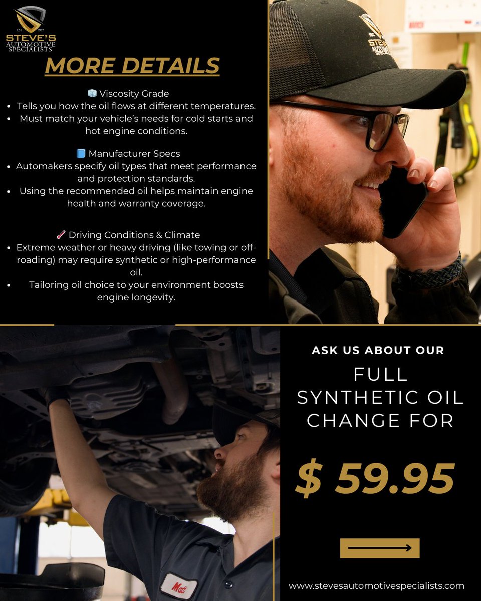 StevesAutoSandy's tweet image. What do we consider when we are choosing which oil to use for your vehicle? 🛢️🤔
Check out the post below to see some of the factors and why we keep them in mind when we service your vehicle. 👇
#autocaremadeasy #stevesautomotive #oilchanges #oil  #oilchangefriday